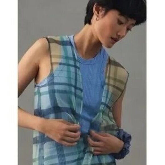 Anthropologie Maeve Plaid Sheer Longline Sleeveless Duster Vest One Size - Picture 1 of 10
